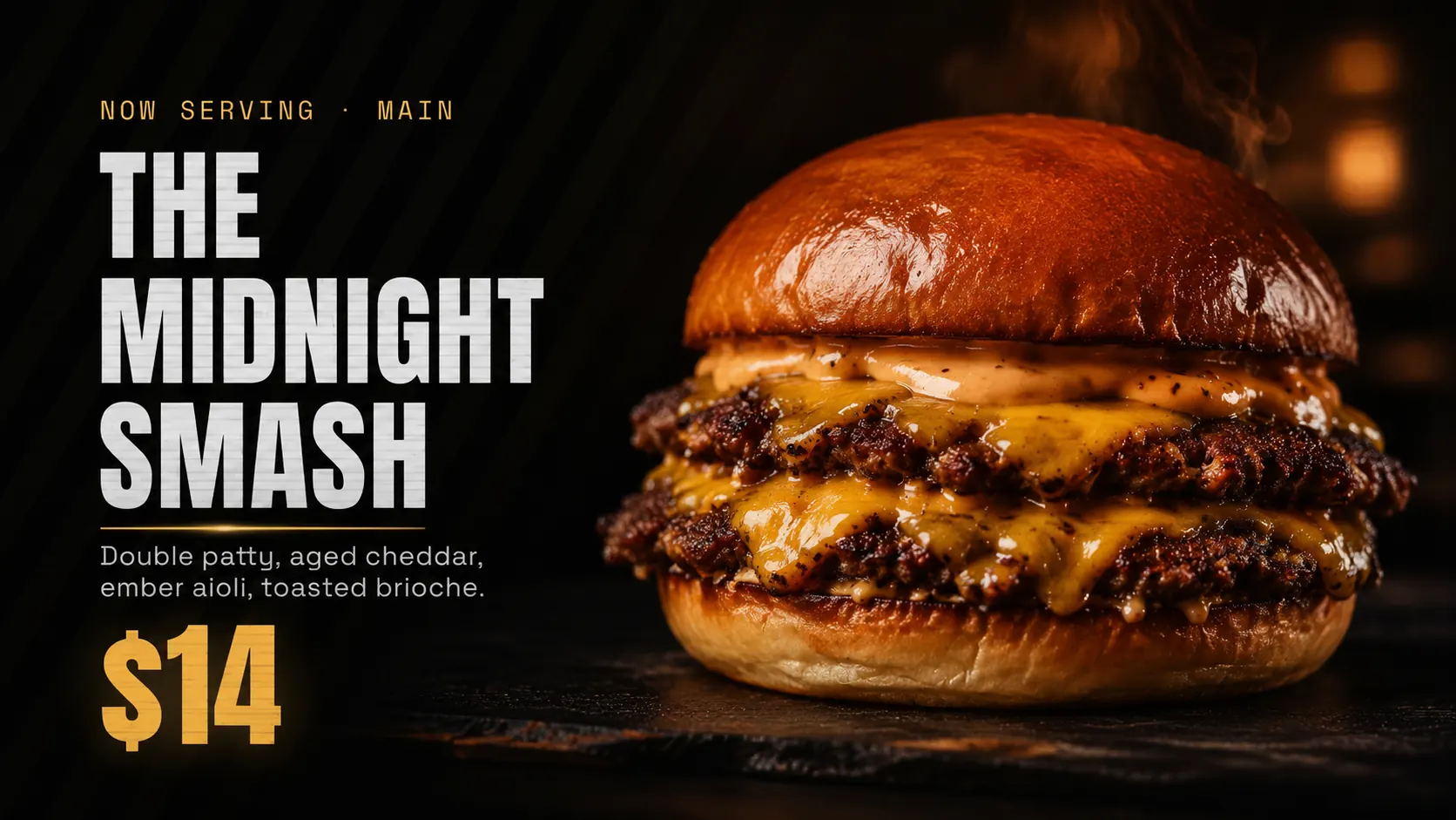 The Midnight Smash burger special for fourteen dollars