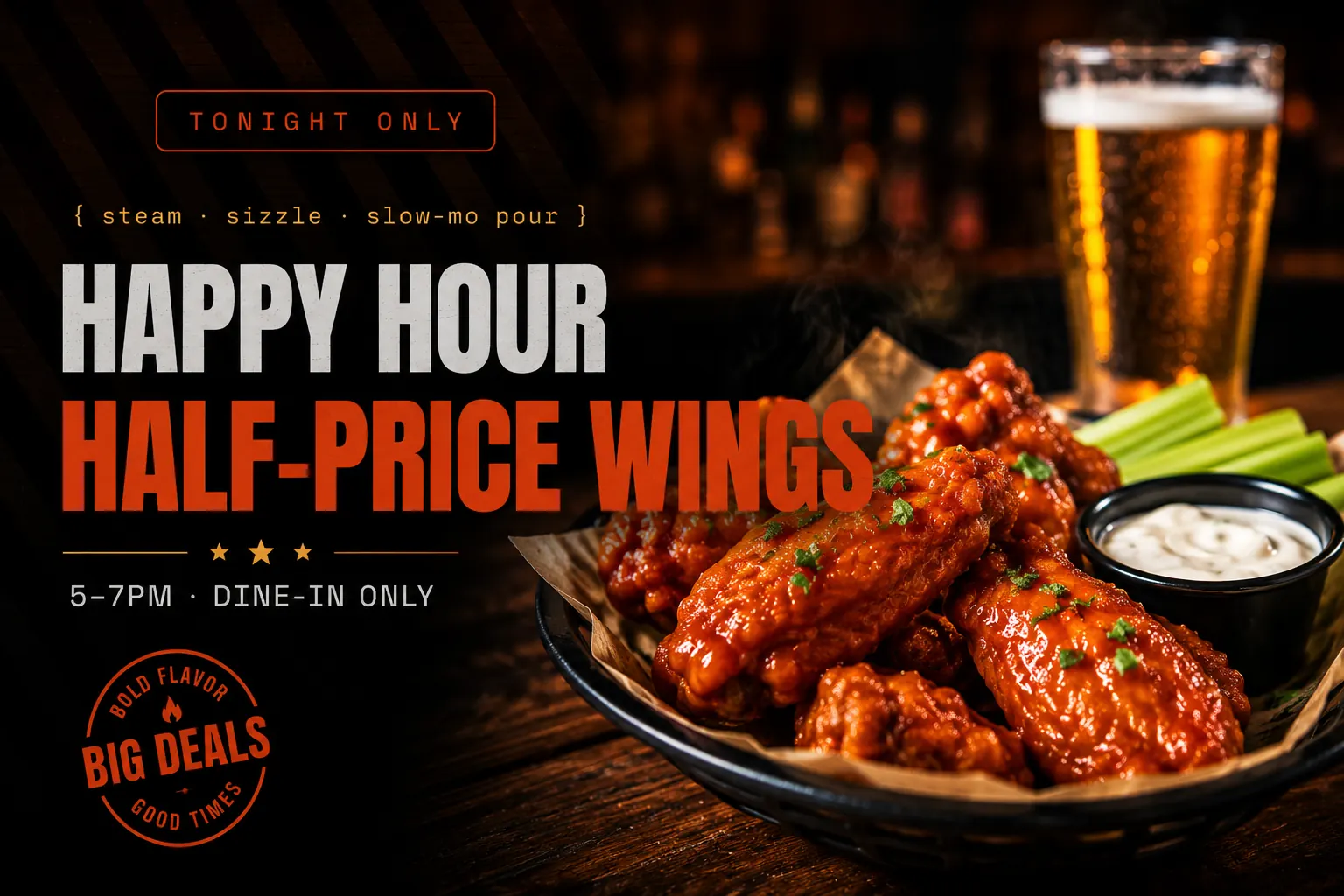 Happy hour half-price wings special