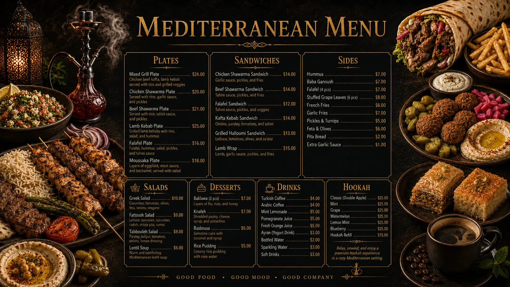 Mediterranean restaurant menu board